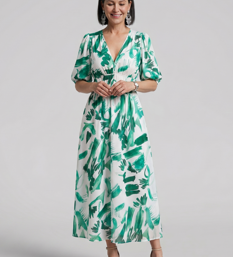 CANDLIA | PUFF SLEEVE V-NECK ABSTRACT PRINT MIDI DRESS