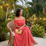 JUNI | OFF-SHOULDER DRAPED MIDI DRESS
