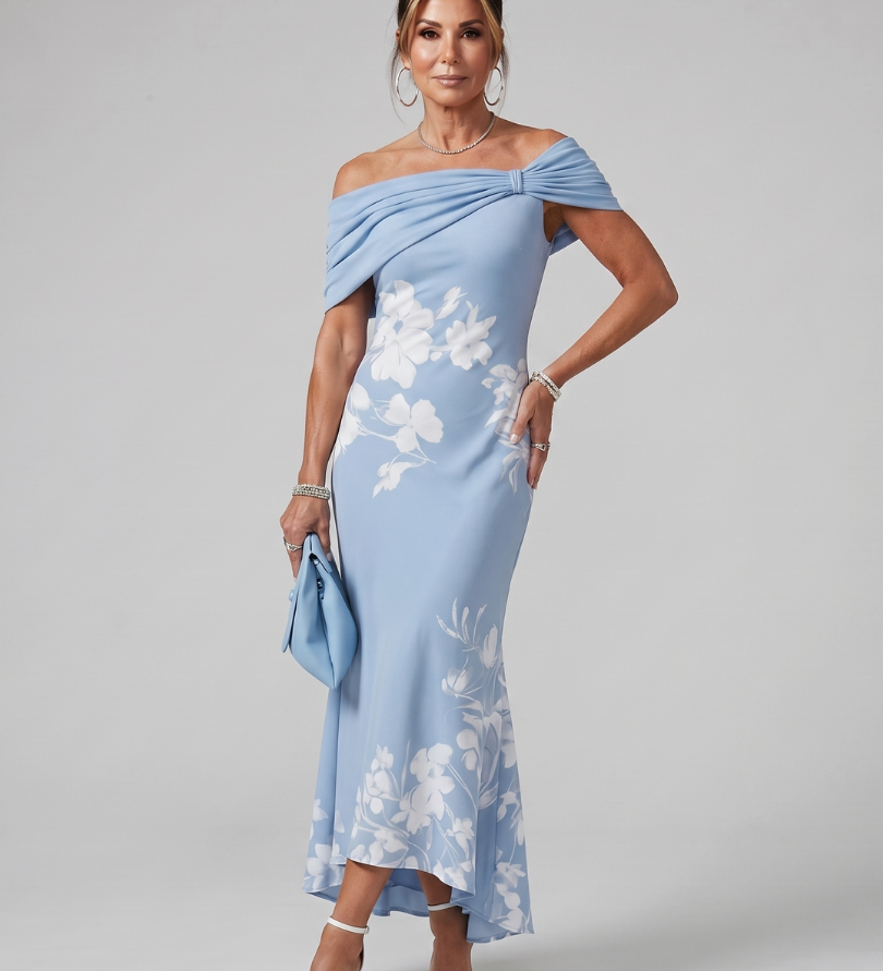 COSMA | OFF-SHOULDER DRAPED MIDI DRESS