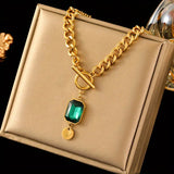 NECKLACE CHUNKY CHAIN EMERALD PENDANT | GOLD JEWELLERY
