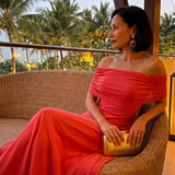 JUNI | OFF-SHOULDER DRAPED MIDI DRESS