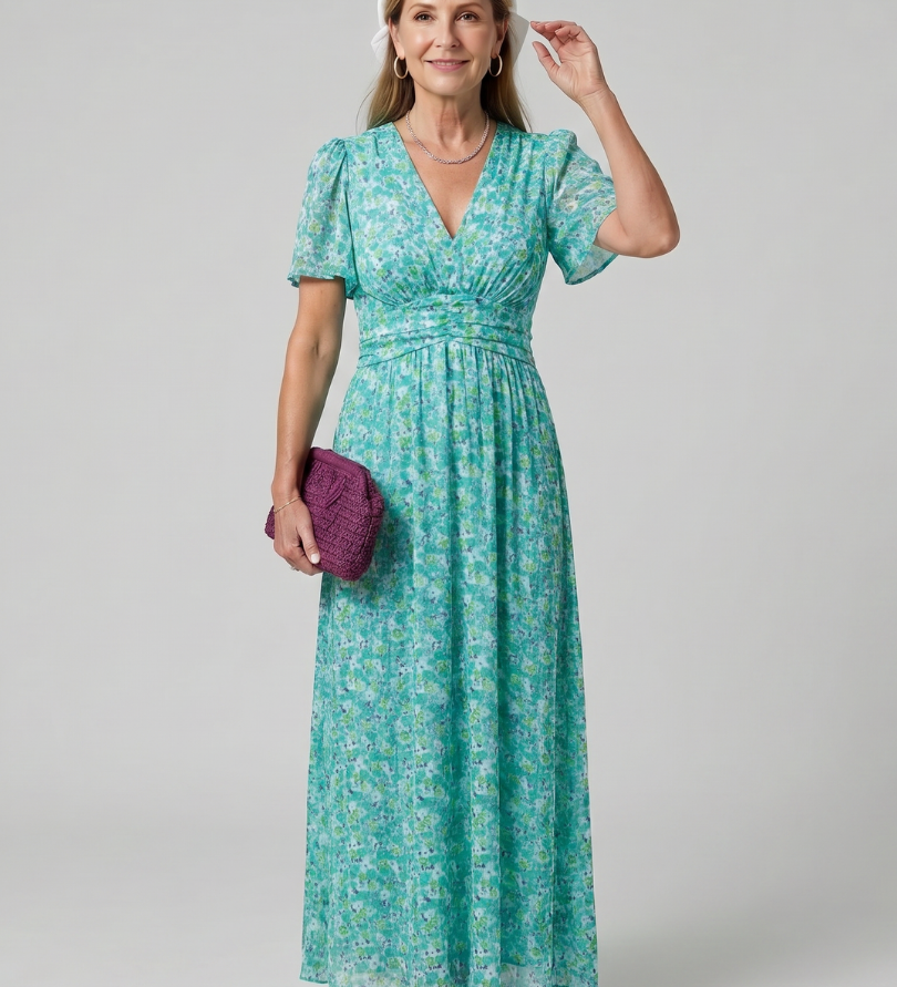 JUNA | SHORT SLEEVE DITSY FLORAL MIDI DRESS
