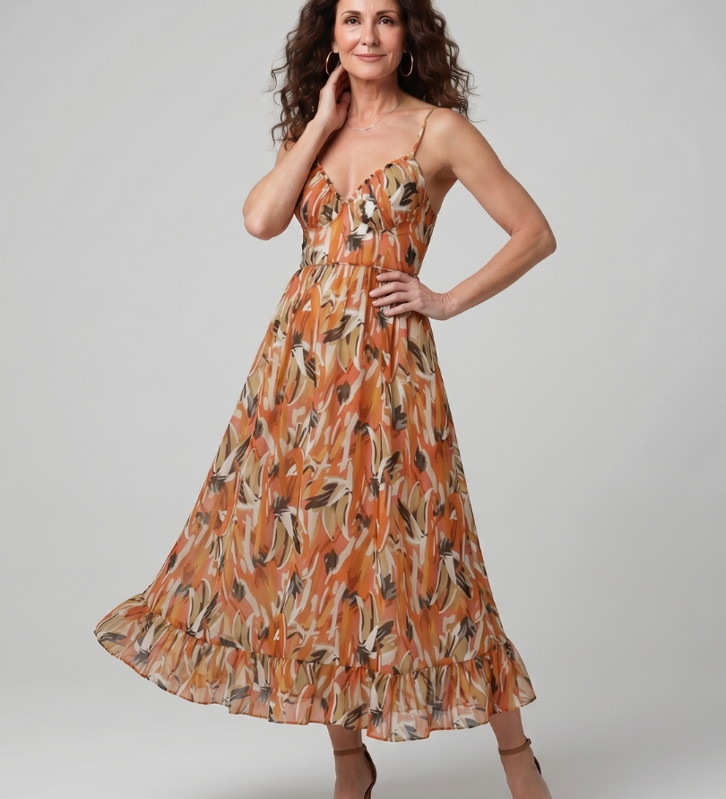 QUILL | SPAGHETTI STRAP ABSTRACT PRINT MIDI DRESS