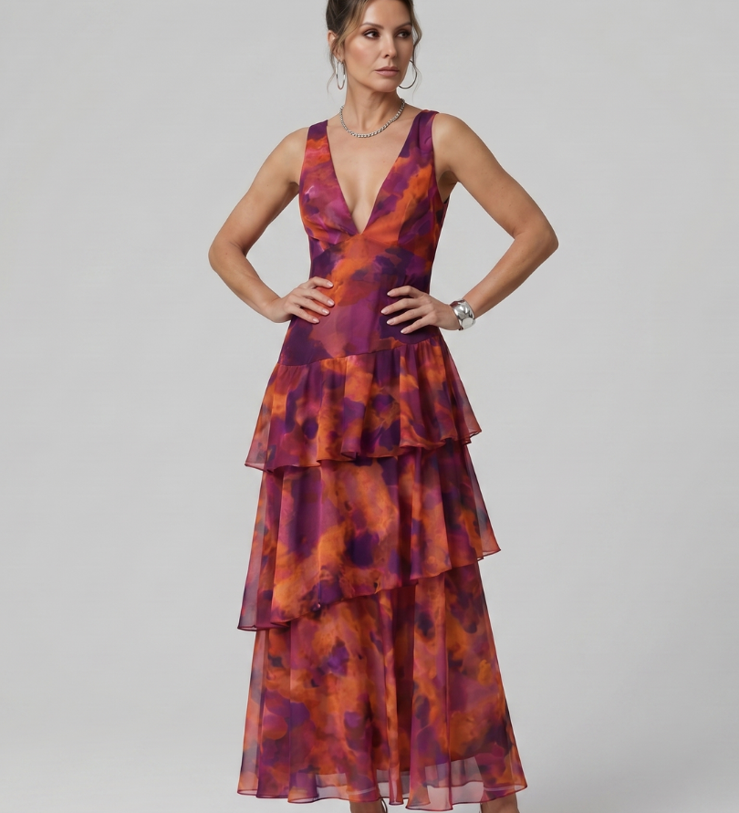GALA | DEEP V-NECK SLEEVELESS PRINT MIDI DRESS