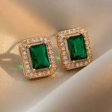 EMERALD RECTANGULAR HALO PAVÉ STUD EARRINGS | GOLD JEWELLERY