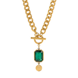 NECKLACE CHUNKY CHAIN EMERALD PENDANT | GOLD JEWELLERY
