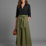 VERA | TWO-PIECE BLACK BLOUSE & OLIVE MIDI SKIRT SET