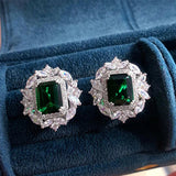 EMERALD RECTANGULAR HALO FLORAL MARQUISE PAVÉ STUD EARRINGS | SILVER JEWELLERY