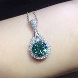 NECKLACE TEARDROP STONE GREEN IRIDESCENT HALO PAVÉ PENDANT | SILVER JEWELLERY