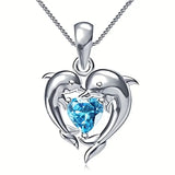 NECKLACE DOLPHIN TWIN HEART TOPAZ BLUE PENDANT | SILVER JEWELLERY