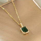 NECKLACE EMERALD RECTANGULAR HALO PAVÉ PENDANT | GOLD JEWELLERY