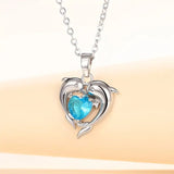 NECKLACE DOLPHIN TWIN HEART TOPAZ BLUE PENDANT | SILVER JEWELLERY