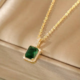NECKLACE EMERALD RECTANGULAR HALO PAVÉ PENDANT | GOLD JEWELLERY